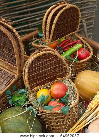 Many food and goods on country fair, vertical view