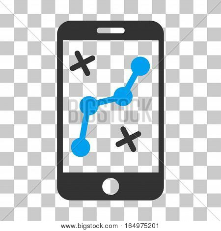 Route Smartphone vector pictograph. Illustration style is flat iconic bicolor blue and gray symbol on a transparent background.