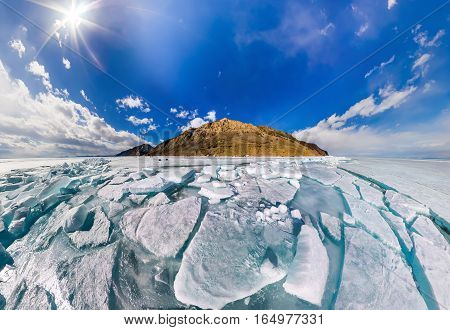Wide Panorama Of Lake Baikal Ice Hummocks In Olkhon Island