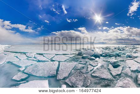 Wide Panorama Of Lake Baikal Ice Hummocks In Olkhon Island