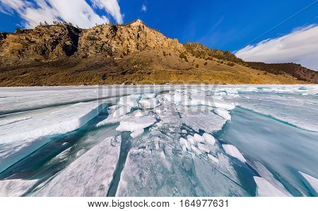 Wide Panorama Of Lake Baikal Ice Hummocks In Olkhon Island