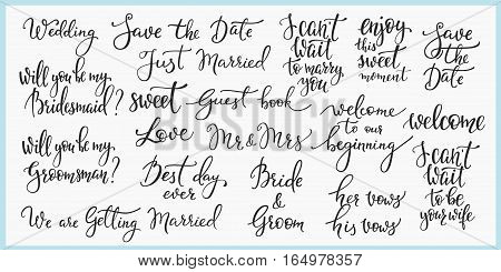 Lettering photography overlay set. Wedding quote. Sweet cute inspiration typography. Calligraphy photo graphic design element. Hand written sign. Love story wedding family album decoration.