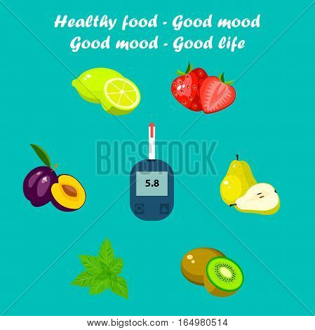 Very high quality original trendy vector flat illustration Blood test or glaucometer, glucose meter with healty food