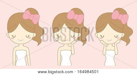 cartoon girl beauty care her face with various actions