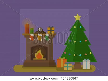 vector illustration Christmas room with fireplace and a Christmas tree with gifts