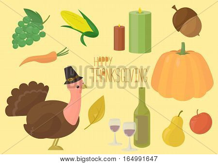 vector illustration collection cards for Thanksgiving with turkey and vegetables