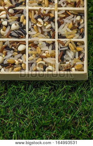 Variety of healthy grains and seeds in a wooden box mostly gluten free with rice, Sensitive Focus