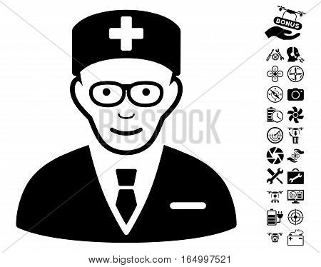 Head Physician icon with bonus copter tools icon set. Vector illustration style is flat iconic black symbols on white background.