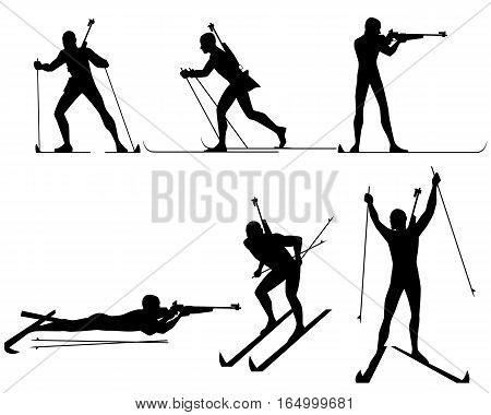 Vector illustration of a six biathletes silhouettes