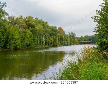 Autumn Landscape Of River And Trees. Riverside Landscape.