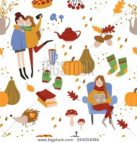 Autumn Seamless Pattern With Cute Girls And Forest Animals