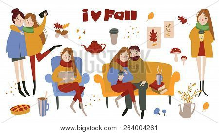Set Of Cute Autumn Plants, Food And Sweets, Girls, Lovers