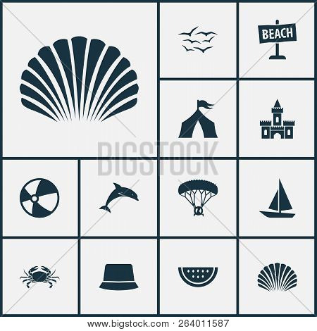 Summer Icons Set With Crab, Paraplane, Sand Castle Mammal Elements. Isolated Vector Illustration Sum
