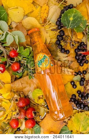 Saint-petersburg, Russia, 17 10 2018 Mirinda In A Glass Tin Bottle On Autumn Yellow Green Foliage Of