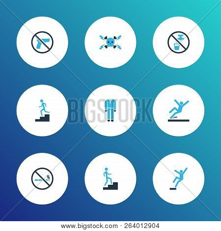 Safety Icons Colored Set With High Voltage, No Smoking, Protective Clothing And Other Downfall Eleme