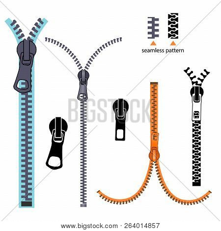 Set Fashion Elements. Basic Plastic Zipper. Open And Closed Lock