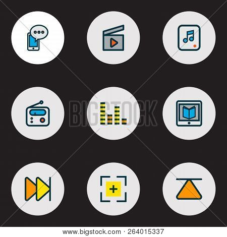 Multimedia Icons Colored Line Set With Learning, Cellphone, Clapperboard And Other Eject Elements. I