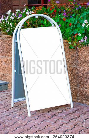 Bulletin Board, Advertising, Portable Street Stand Poster With Blank White Space For Text Near Flowe