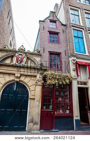 Amsterdam, Netherlands - March, 2018: Facade Of The Smallest House In Amsterdam