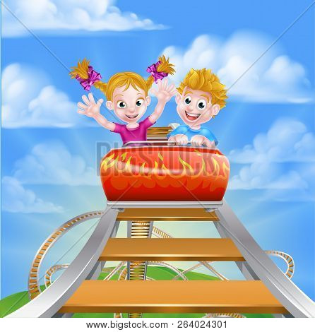 Cartoon Boy And Girl Children Riding On A Roller Coaster Ride At A Theme Park Or Amusement Park