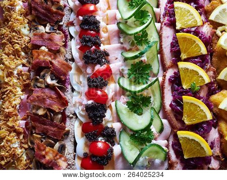 Selection Of Smoerrebroed Danish Open Faced Sandwiches On A Serving Plate