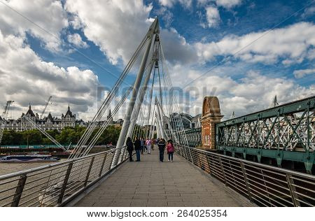 London / Uk - September 15 2018: View Of The Golden Jubilee Bridges From The South End, With Victori