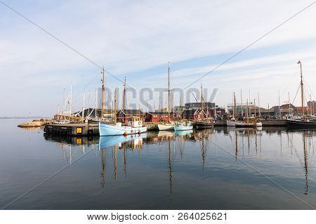 Holbaek, Denmark - October 2018: Beautiful Old Sail Boats Lying At The Bay In Holbaek, A Small Town 
