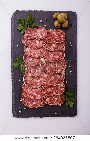 Saucisson Sec Delicious French Salami On A White Background