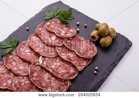 Saucisson Sec Delicious French Salami On A White Background