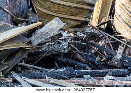 Damaged Industry Supermarket Metallic Facade After Arson Fire With Burnt Debris After Intense Burnin
