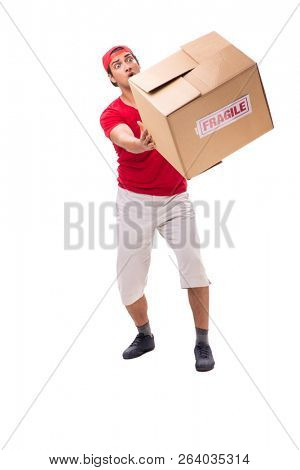 Handsome contractor holding fragile box isolated on white 
