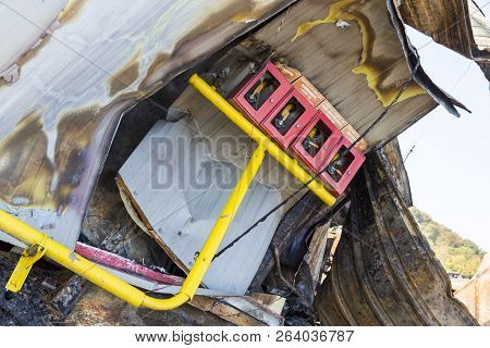 Damaged Industry Supermarket Metallic Facade After Arson Fire With Burnt Debris After Intense Burnin