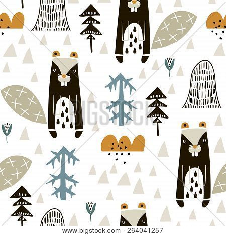Semless Woodland Pattern With Badgers N And Hand Drawn Elements. Scandinaviann Style Childish Textur