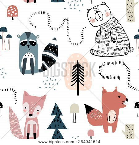 Semless Woodland Pattern With Cute Characters And Hand Drawn Elements. Scandinaviann Style Childish 