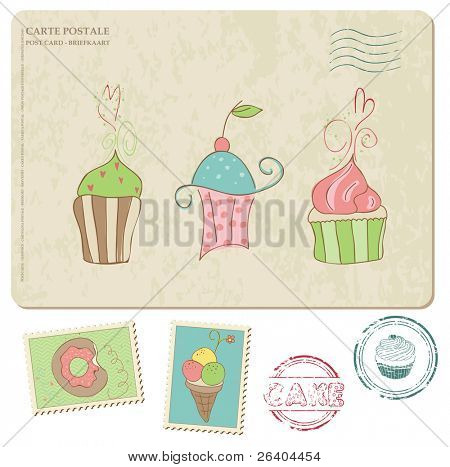 Set of cupcakes on old postcard, with stamps - for design and scrapbook