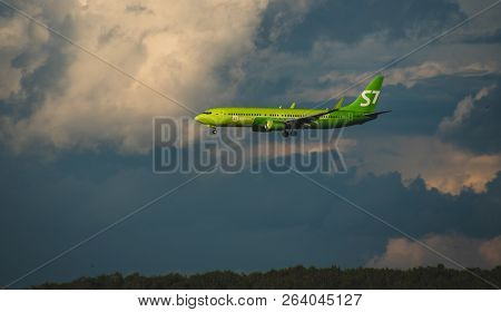 8 July 2018 Russia, Moscow. The Aircraft Boeing 737-800 S7 Airlines Is Landing At The Domodedovo Air