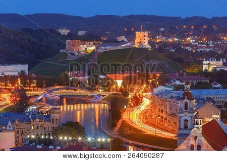 Scenic Aerial View Of The Historic Center At Sunset. Vilnius. Lithuania.