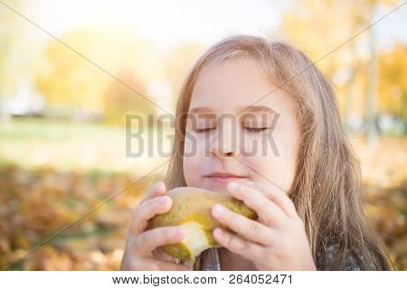 Portrait Of A Beautiful Little Girl Who Eats A Pear On A Picnic In The Autumn Park, Opyspace Nature
