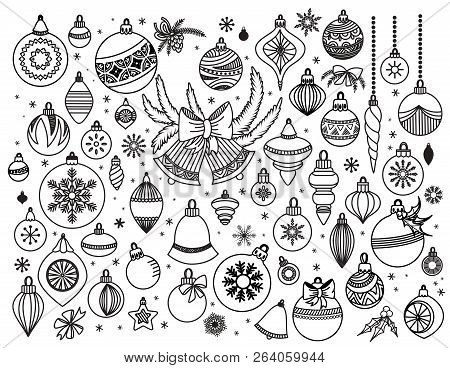 Doodle Set Of Christmas Decoratins. Hand Drawn Christmas Balls, Bells And Toys In Various Shapes Wit