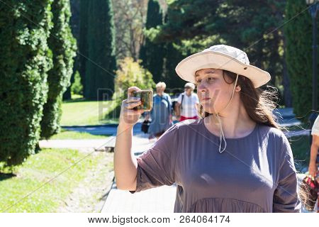 Kislovodsk, Russia - September 19, 2018: Tourist Takes Selfie In Kislovodsk National Park. Kislovods