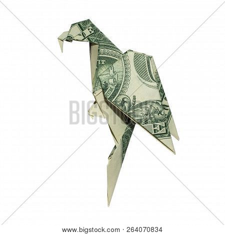 Money Origami Parrot Folded With Real One Dollar Bill Isolated On White Background