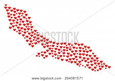 Mosaic Map Of Curacao Island Created With Red Love Hearts. Vector Lovely Geographic Abstraction Of M
