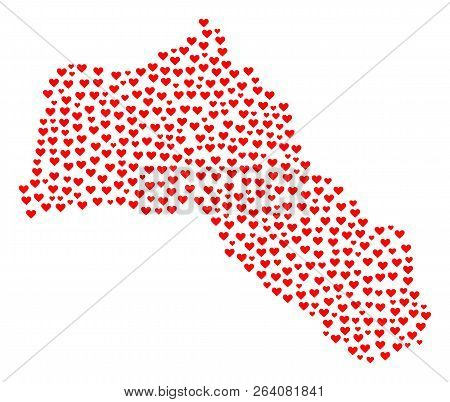 Collage Map Of Kurdistan Designed With Red Love Hearts. Vector Lovely Geographic Abstraction Of Map 