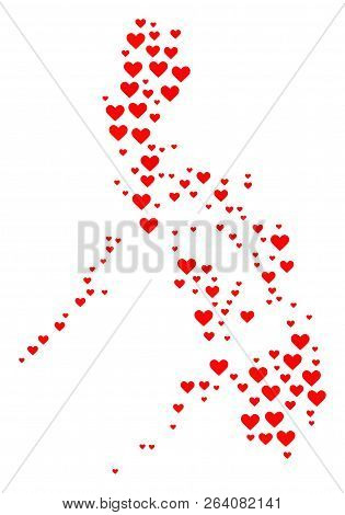 Collage Map Of Philippines Formed With Red Love Hearts. Vector Lovely Geographic Abstraction Of Map 