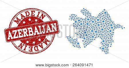 Map Of Azerbaijan Vector Mosaic And Made In Grunge Stamp. Map Of Azerbaijan Designed With Blue Engin