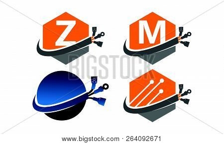 Hexagon Global Electricity Set Logo Design Vector