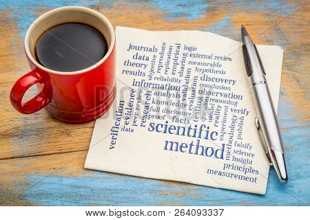 scientific method word cloud on a napkin with a cup of coffee