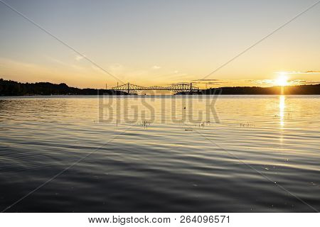 Quebec City Bridge In Canada On The Sunset