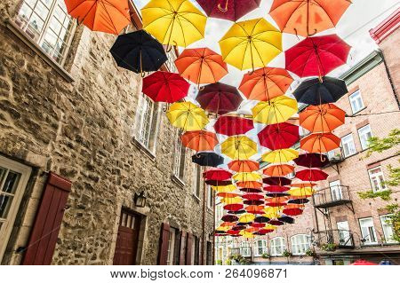 Lot Of Umbrellas In Petit Champlain Street Quebec City, Canada