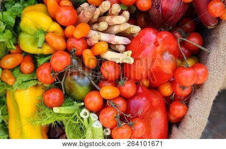 Fresh Fruits And Vegetables Just Harversted For Sale At Local Market